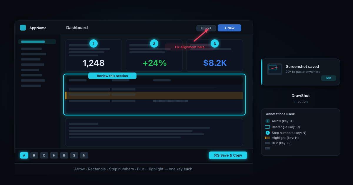 DrawShot in action: an annotated screenshot with a red arrow and callout label, cyan rectangle around a section, three numbered step badges, a blur block over sensitive data, and a highlight band — all added with single-key tools