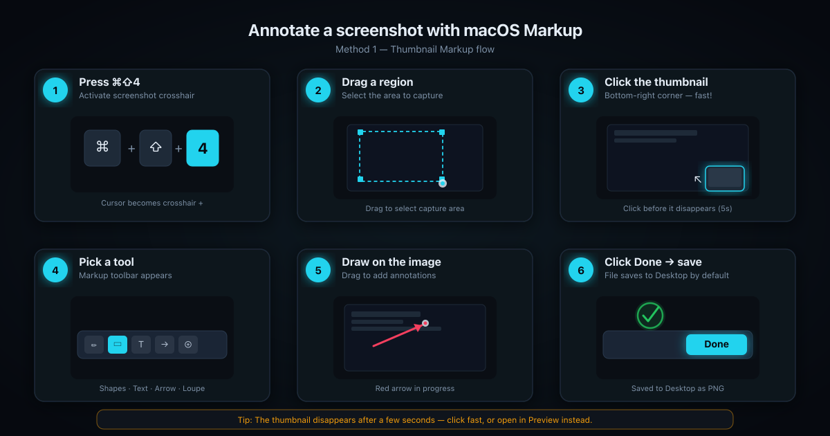 6-step visual guide to annotating a screenshot with macOS Markup: press ⌘⇧4, drag a region, click the thumbnail, pick a tool, draw on the image, click Done to save
