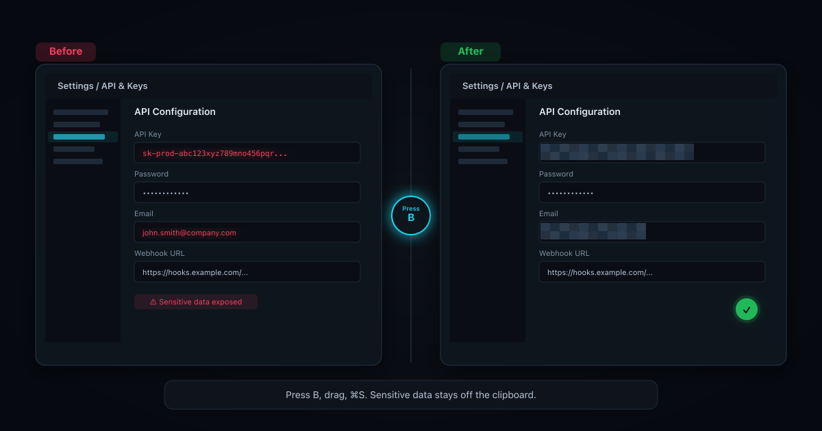 Before and after blur: left shows screenshot with API key and email exposed in red; right shows same screenshot with blur mosaic blocks covering the sensitive fields